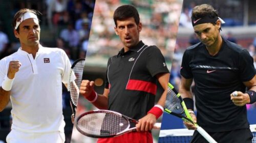 Roger Federer, Novak Djokovic and Rafael Nadal, all three with rackets in hand