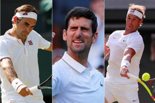 Roger Federer, Novak Djokovic and Rafael Nadal, all three with rackets in hand