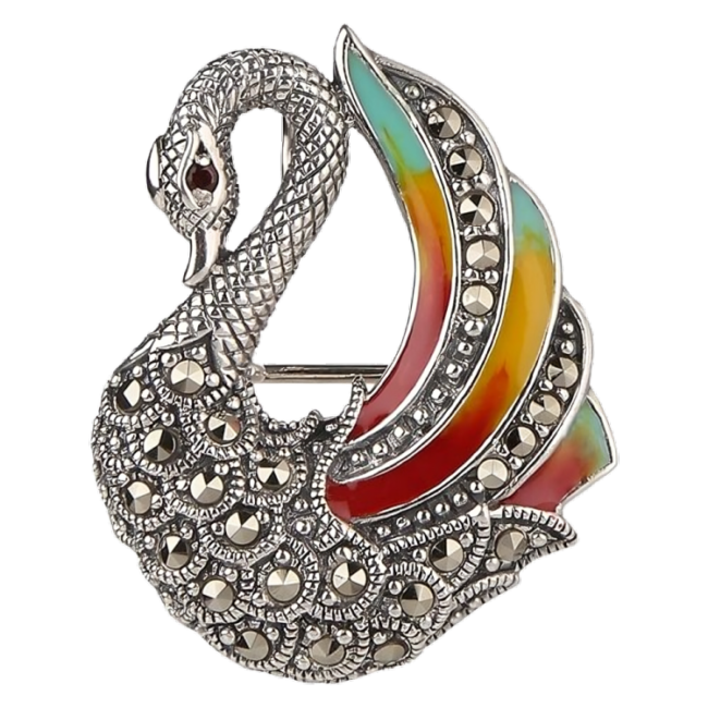 ananth jewels 925 silver made with swarovski marcasite swan shaped brooch cum pendant for women