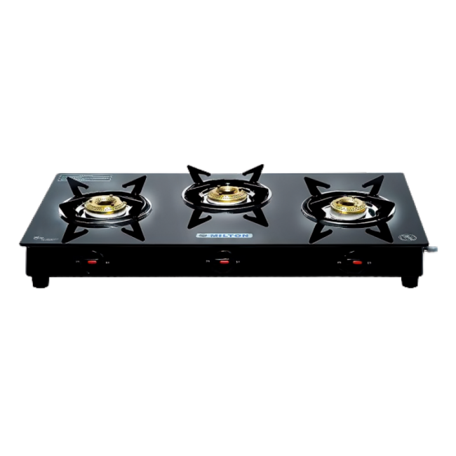 milton premium 3 burner black manual ignition lpg glass top gas stove