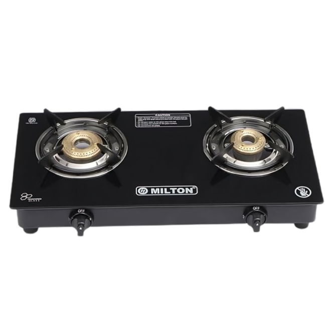 milton premium 2 burner black manual ignition lpg glass top gas stove