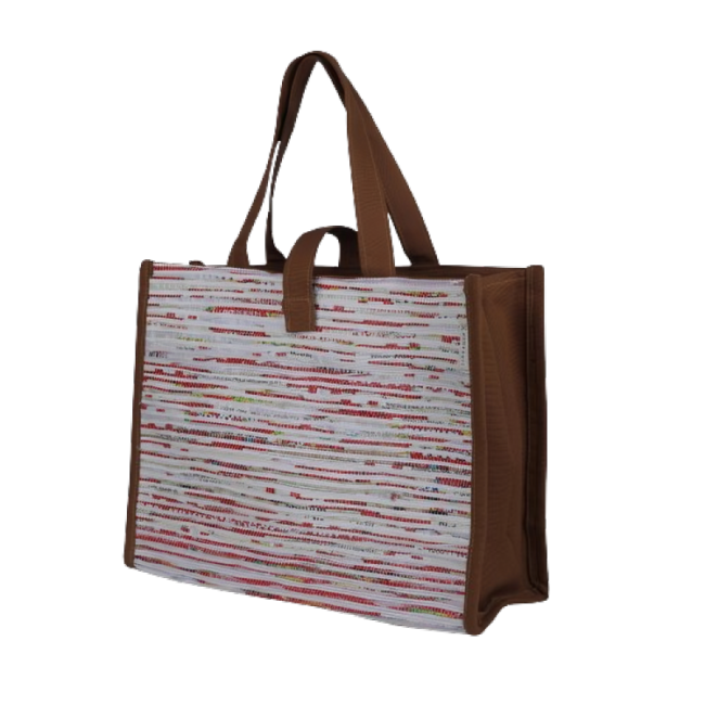 book tote red white with brown
