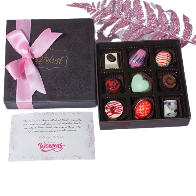 velvet fine chocolates womens day gift hamper for mom daughter and employees with greeting card